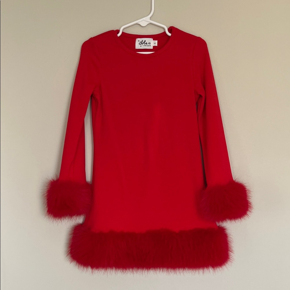 Lola + The Boys “Holly” Red Long Sleeve Kids Dress with Faux Fur Trim